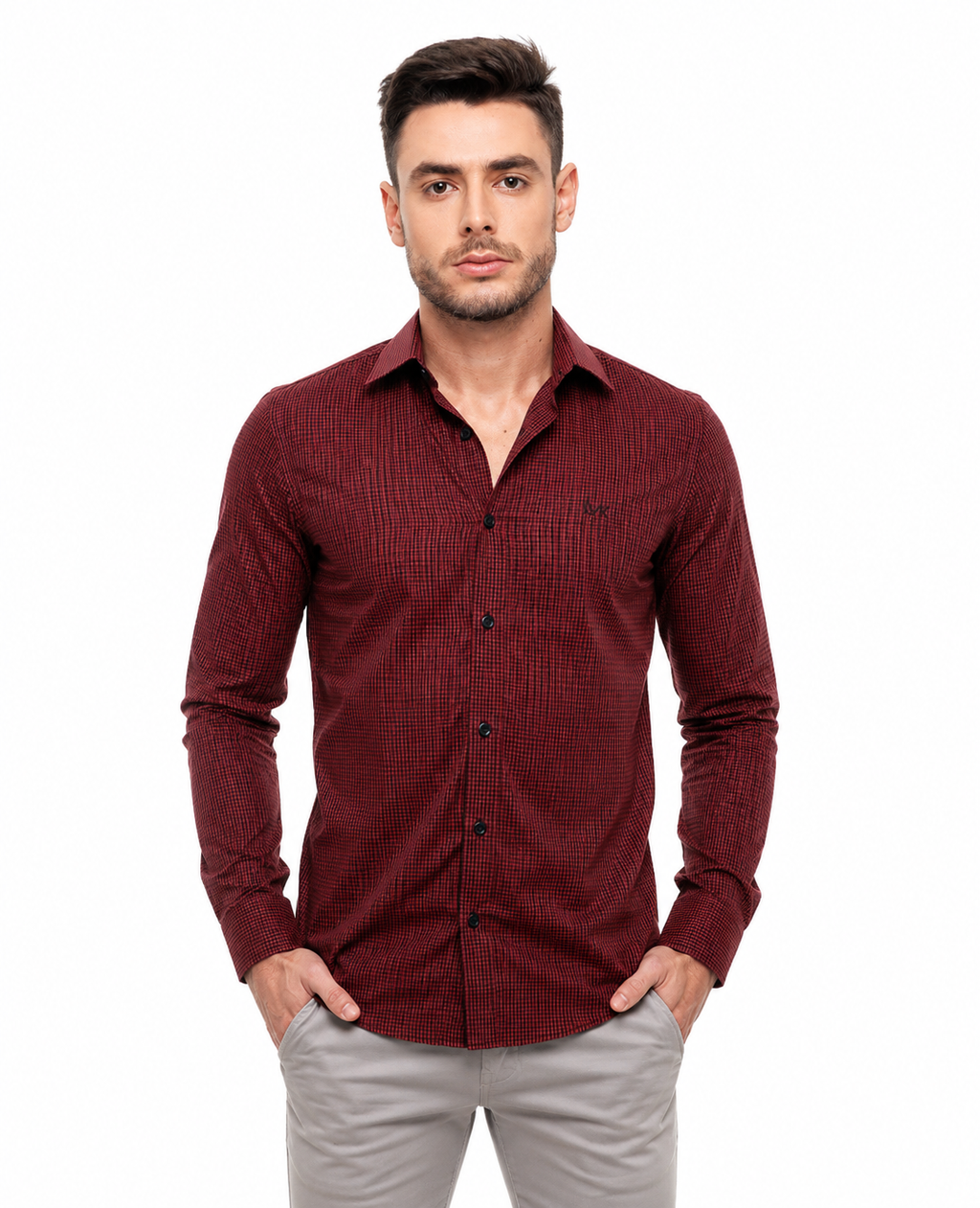 Camisa Social Masculina Xadrez Vermelho e Preto Slim