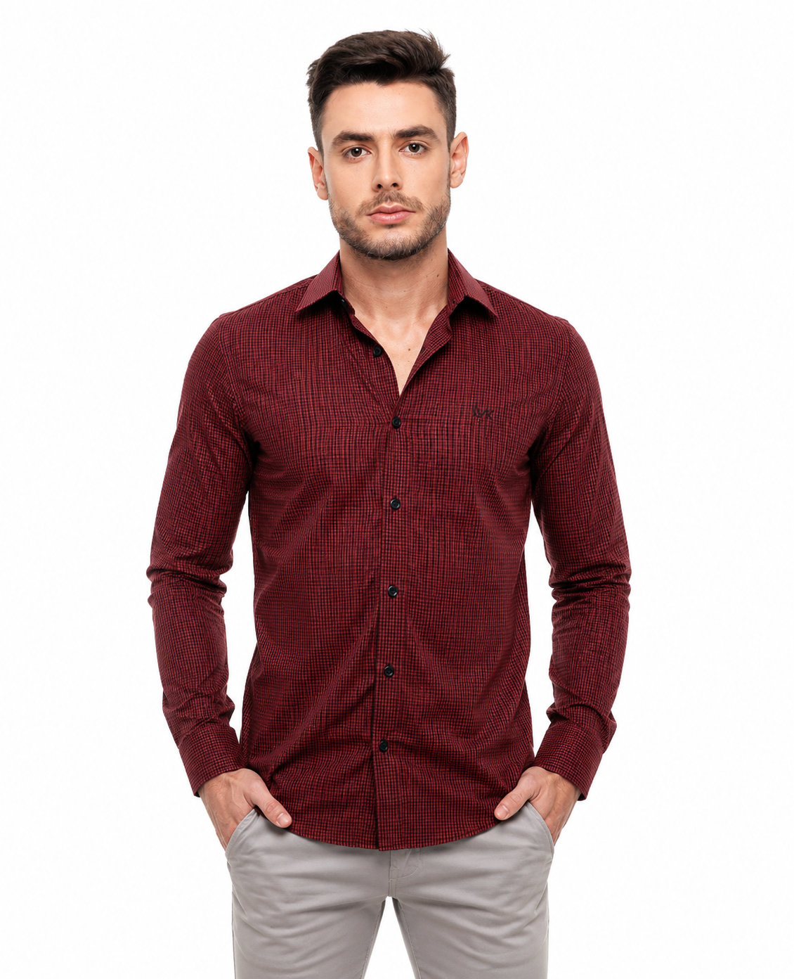 Camisa Social Masculina Xadrez Vermelho e Preto Slim