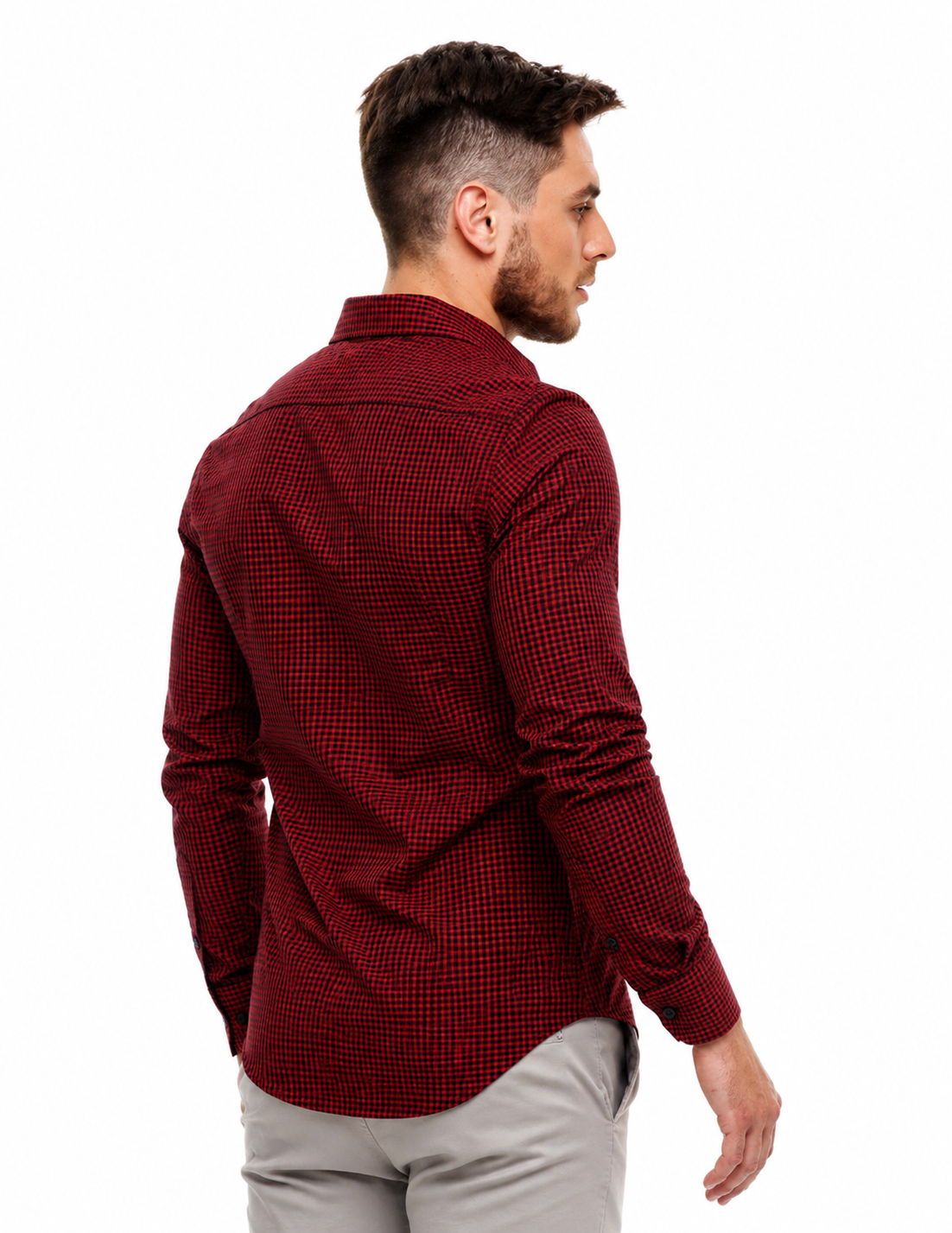 Camisa Social Masculina Xadrez Vermelho e Preto Slim