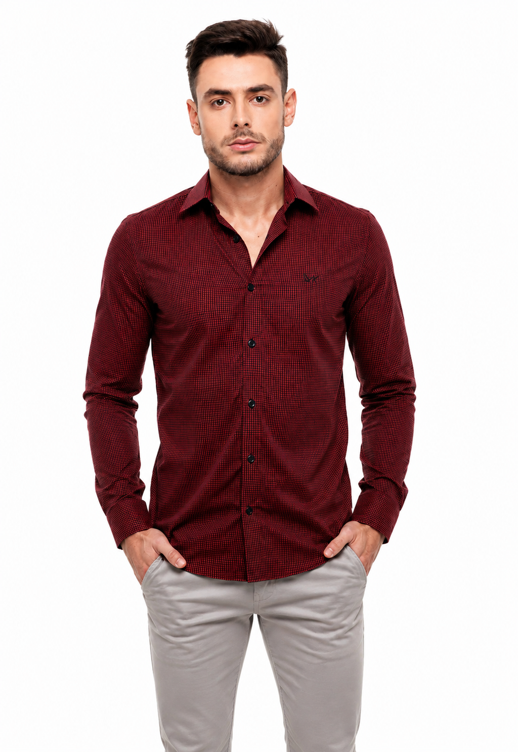 Camisa Social Masculina Xadrez Vermelho e Preto Slim