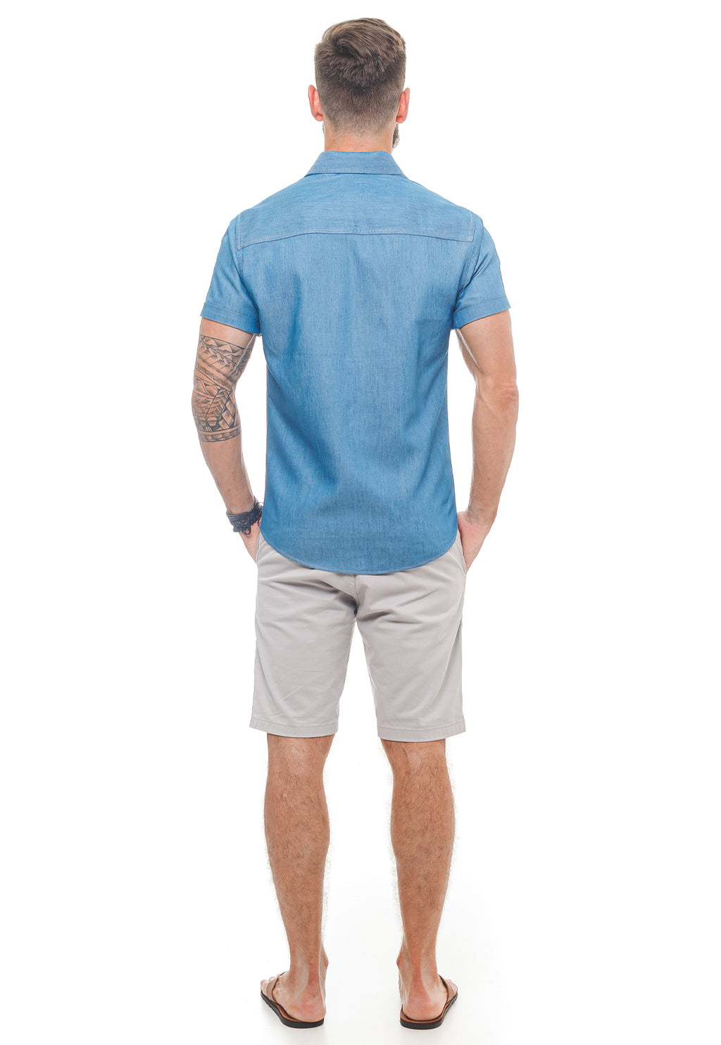 Camisa Social Masculina Slim Manga Curta Jeans