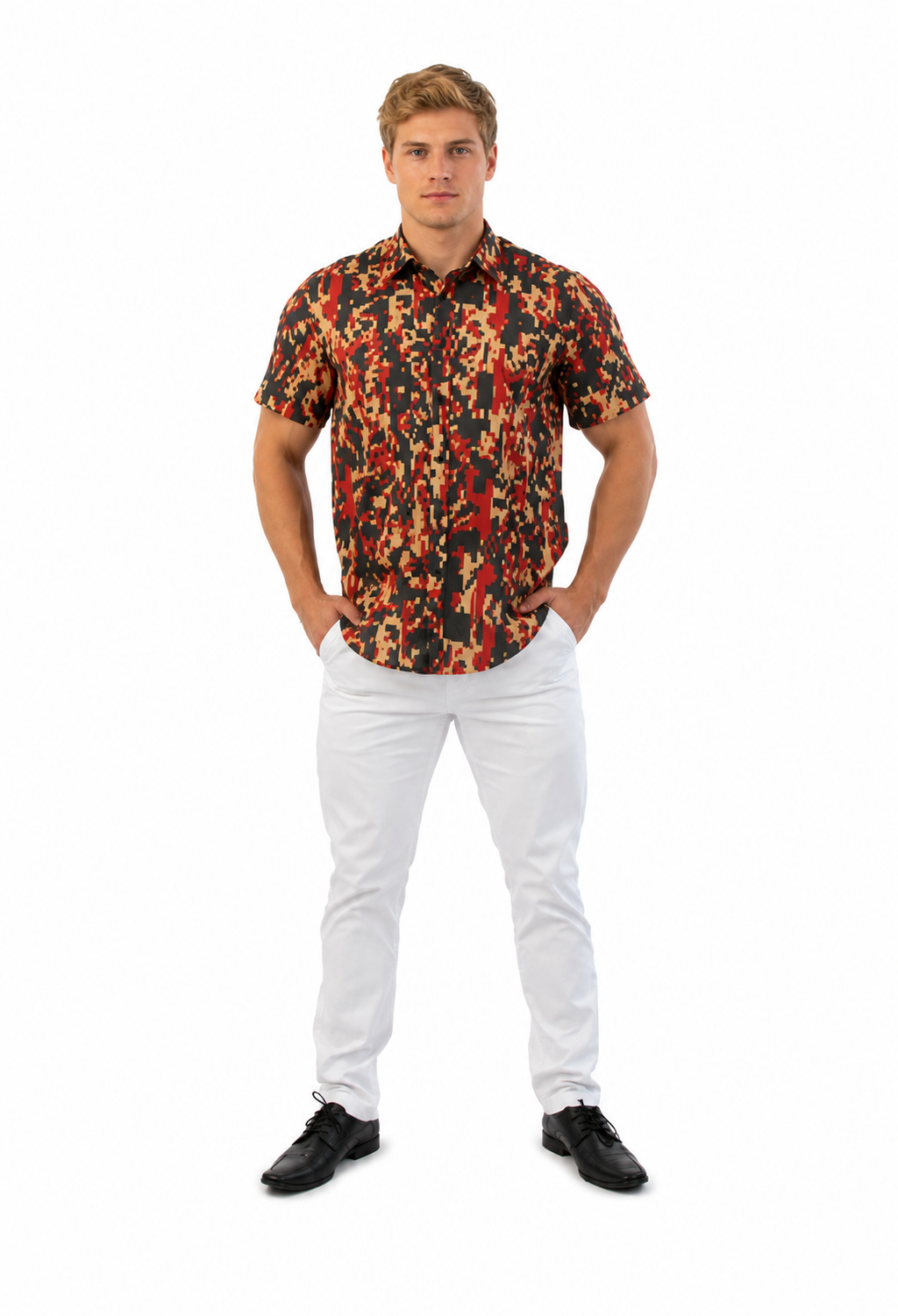 Camisa Social Masculina Slim Manga Curta Geométrica