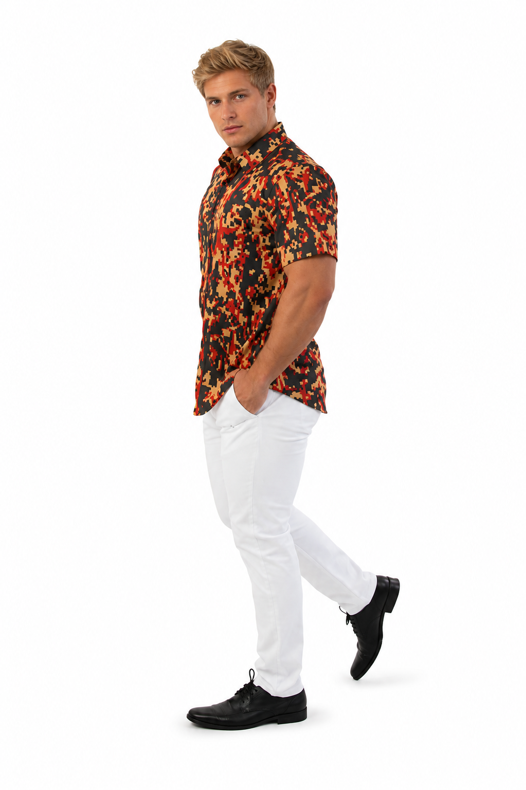 Camisa Social Masculina Slim Manga Curta Geométrica
