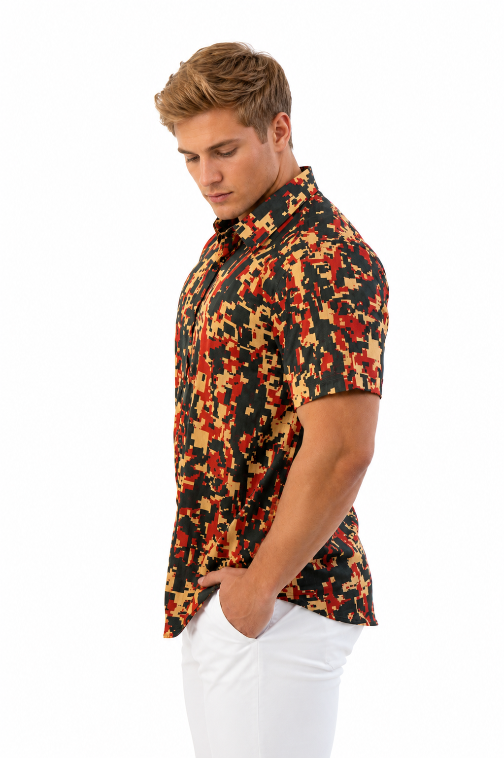 Camisa Social Masculina Slim Manga Curta Geométrica