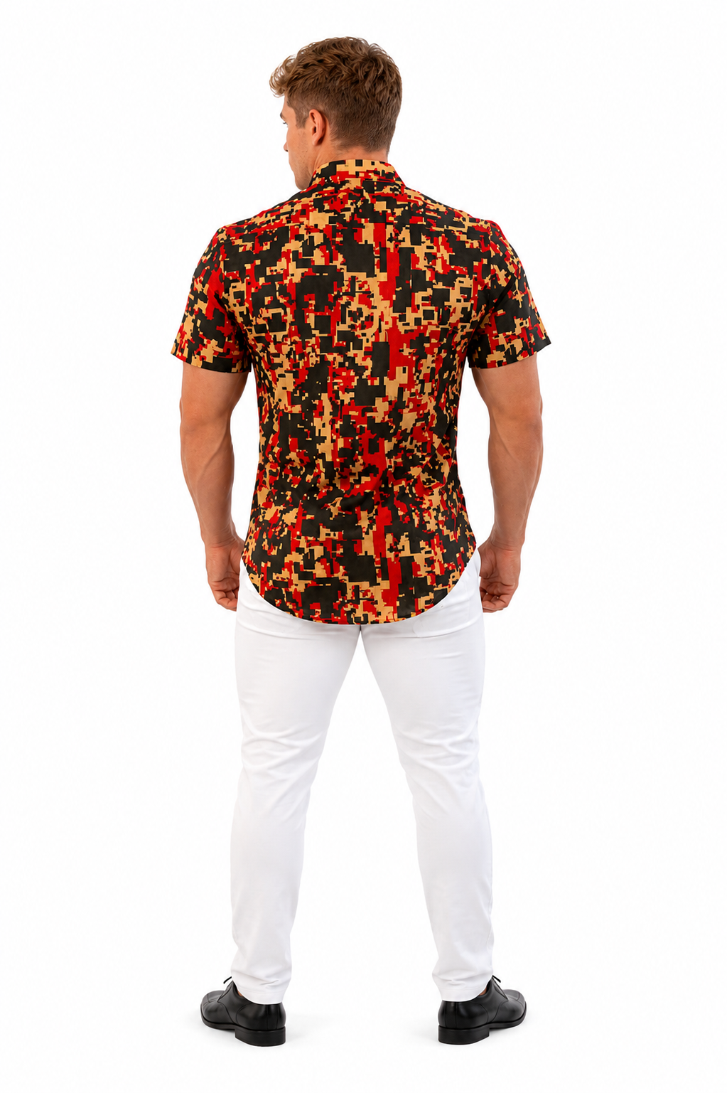 Camisa Social Masculina Slim Manga Curta Geométrica