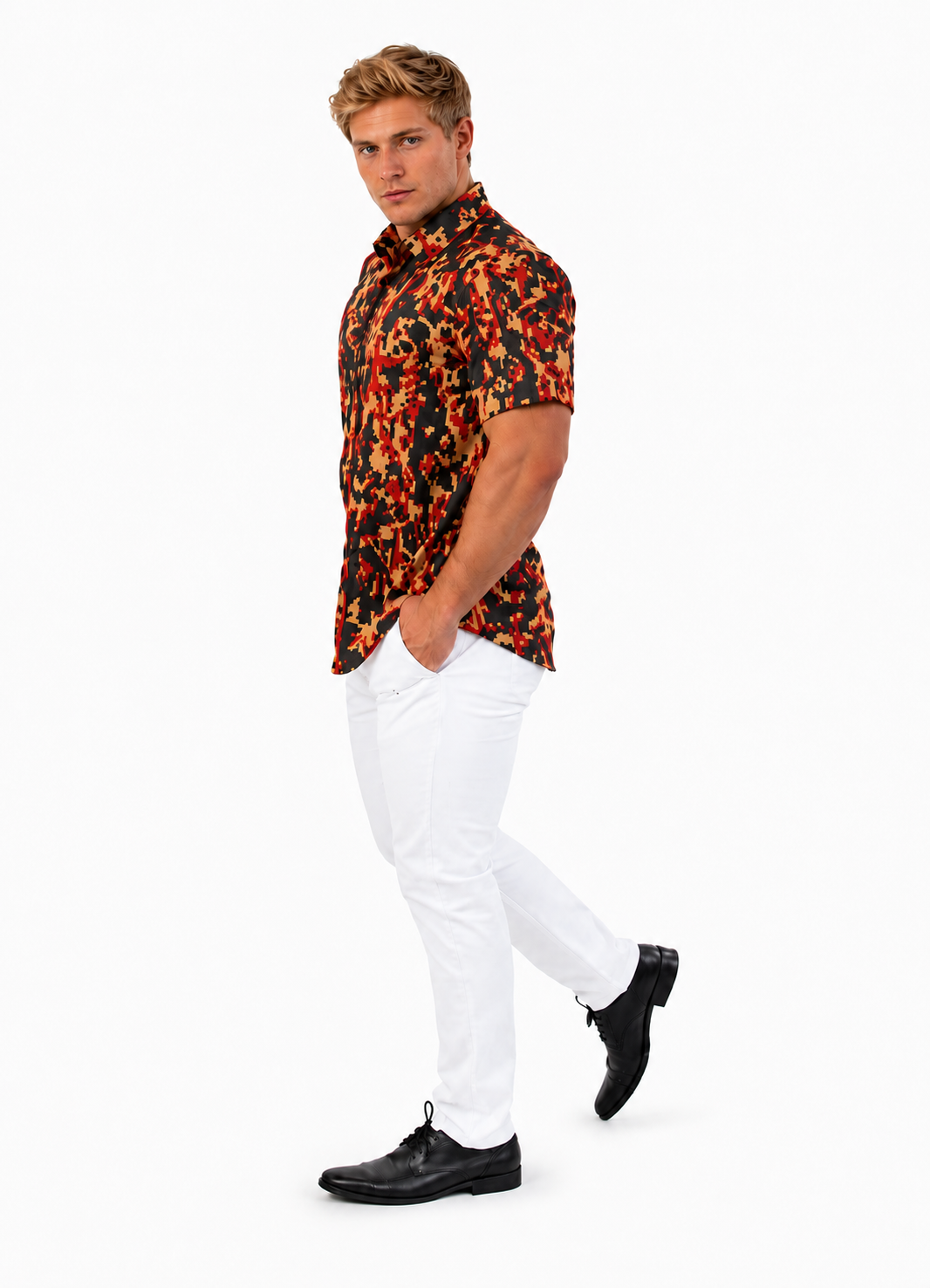 Camisa Social Masculina Slim Manga Curta Geométrica