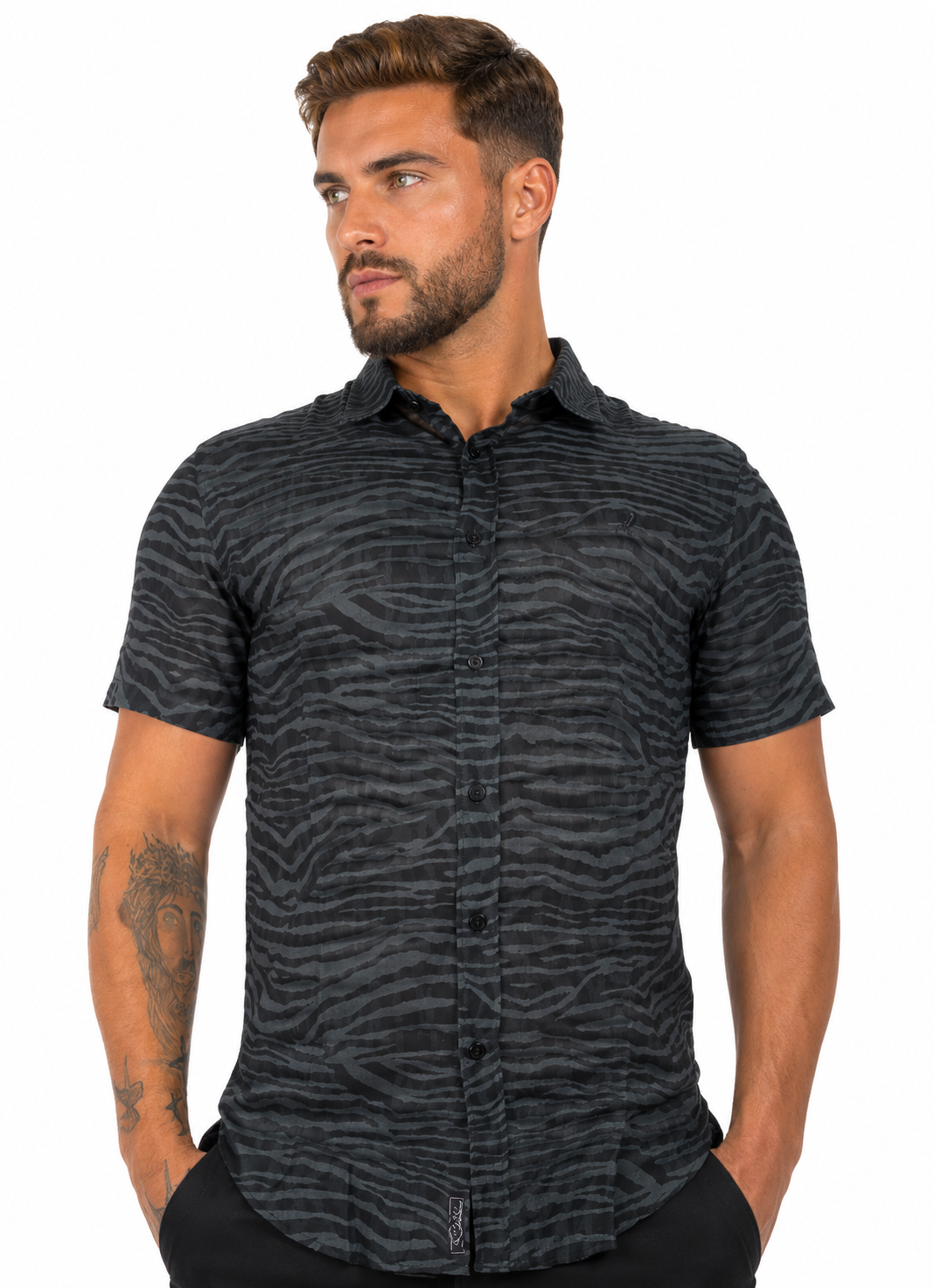 Camisa Social Masculina Slim Manga Curta Estampada