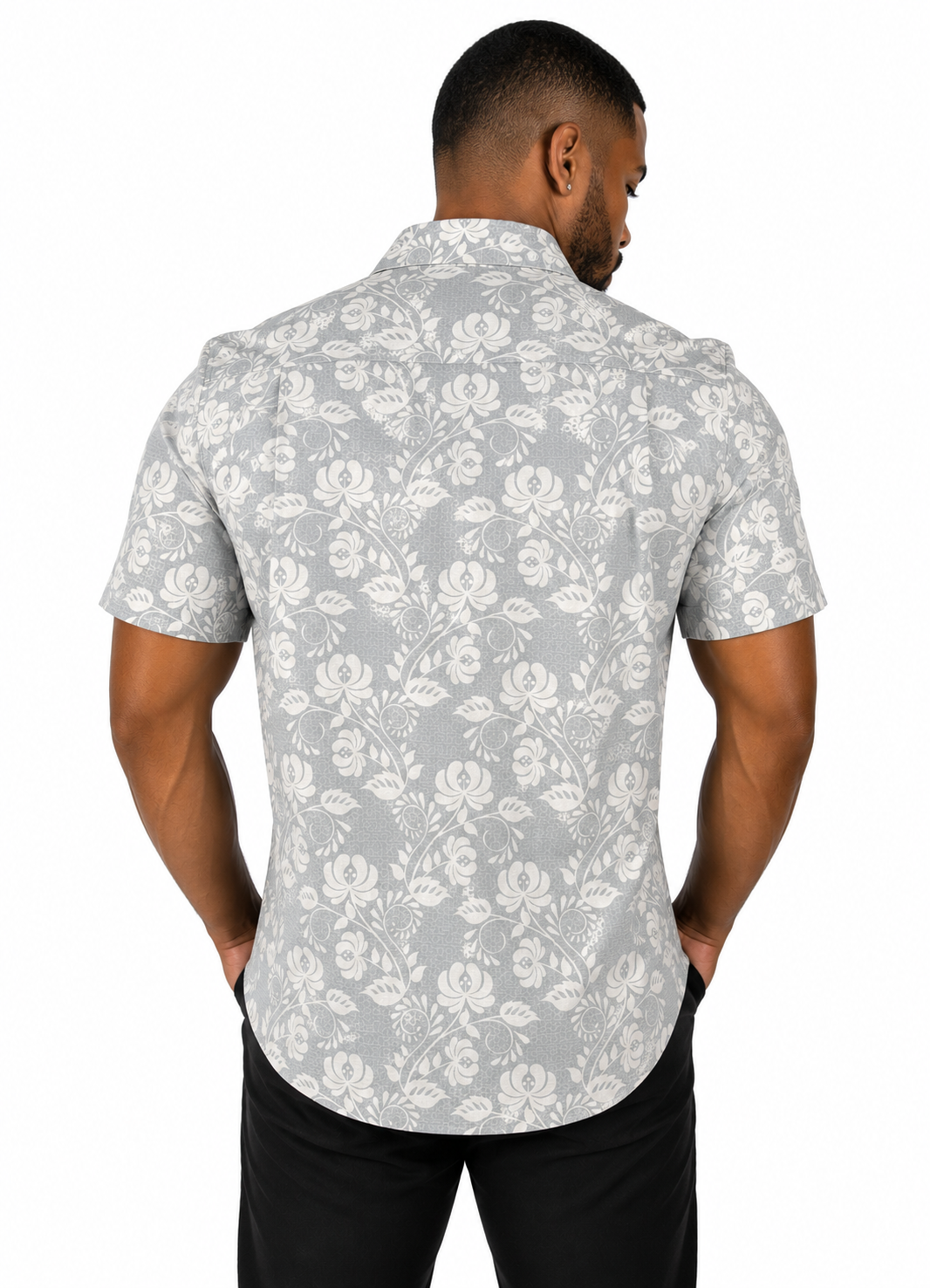 Camisa Social Masculina Slim Manga Curta Floral Off-White
