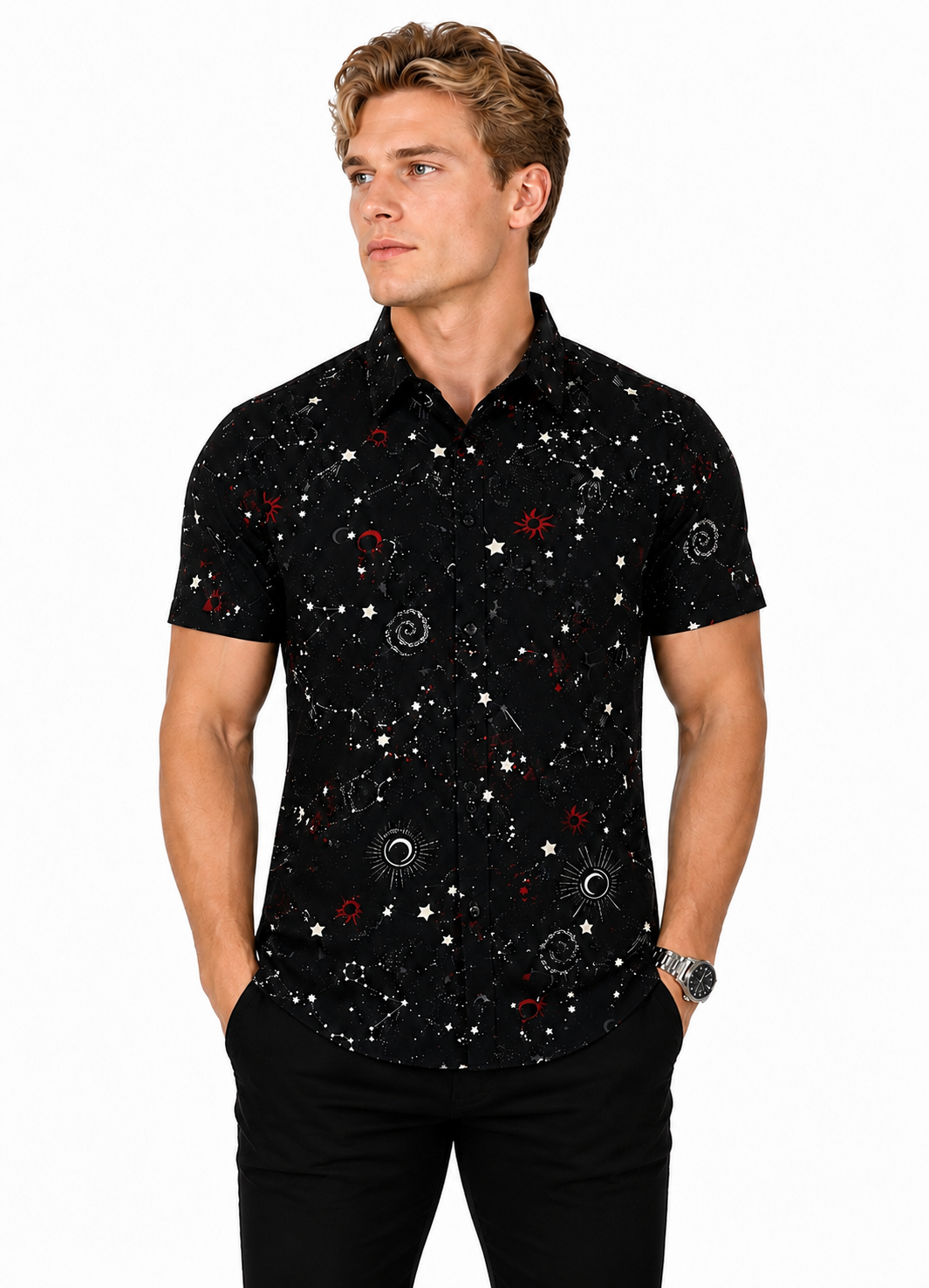 Camisa Social Masculina Slim Manga Curta Cosmos