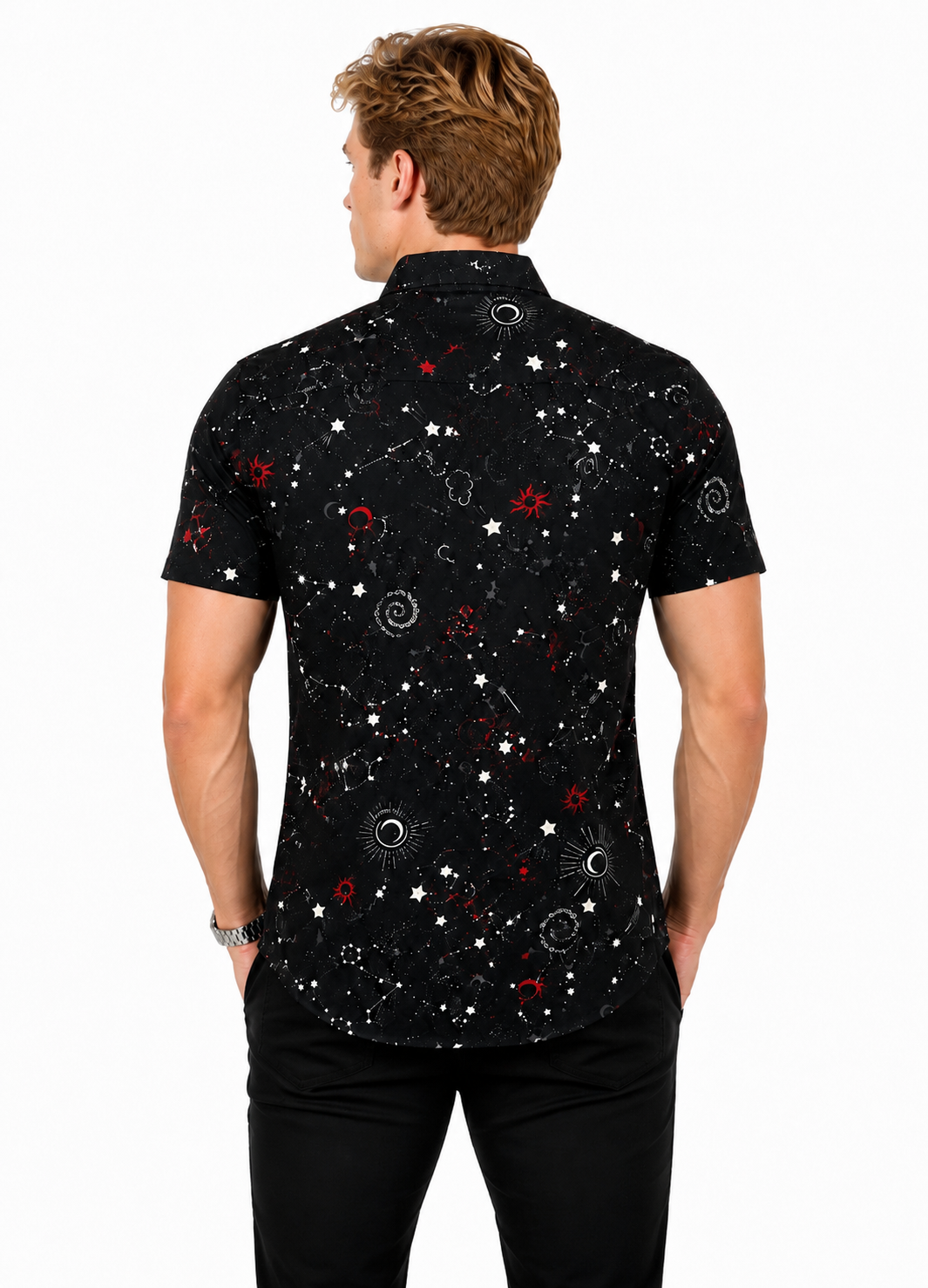 Camisa Social Masculina Slim Manga Curta Cosmos