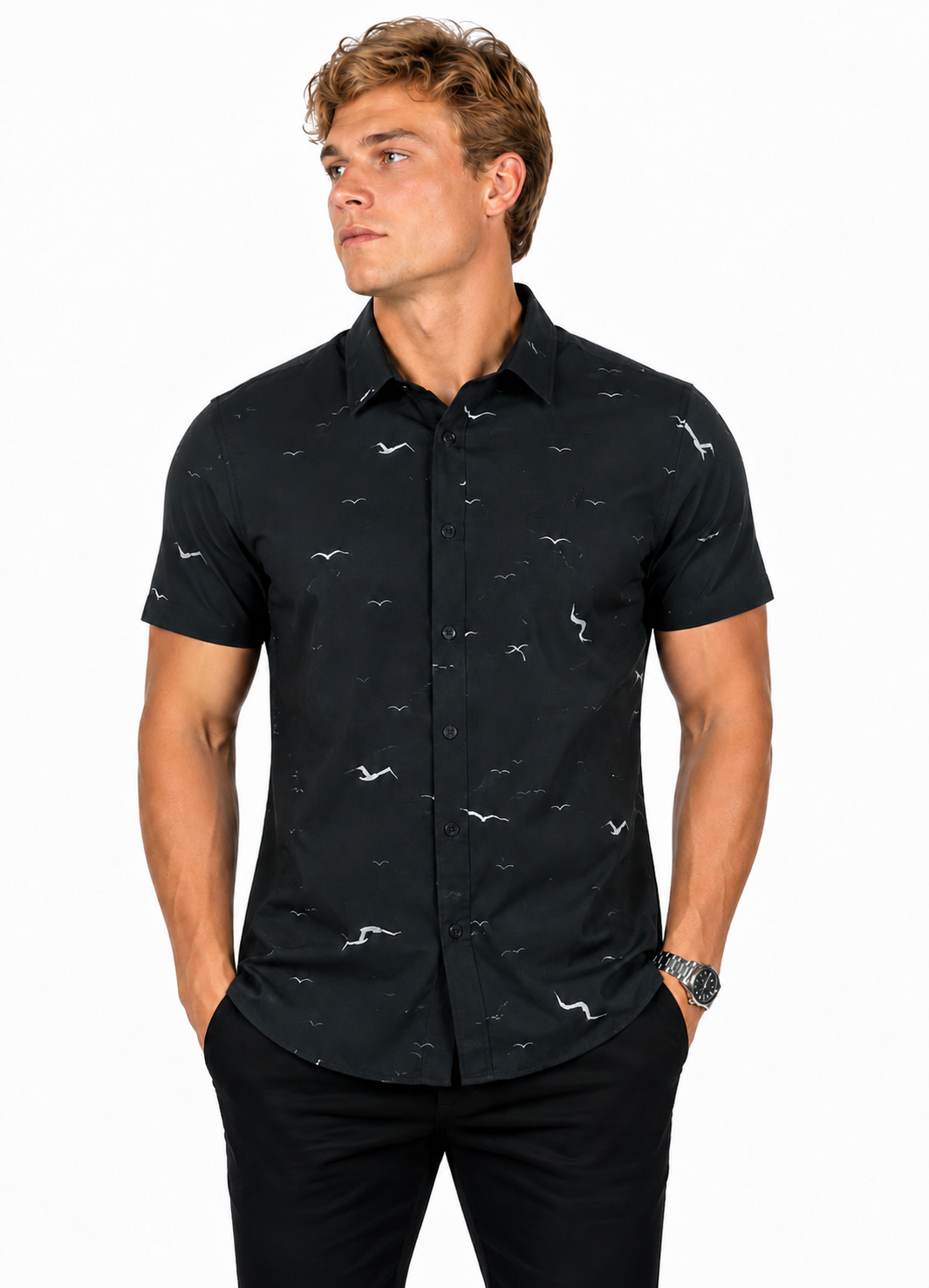 Camisa Social Masculina Slim Manga Curta Seagull