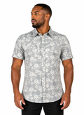 Camisa Social Masculina Slim Manga Curta Floral Off-White