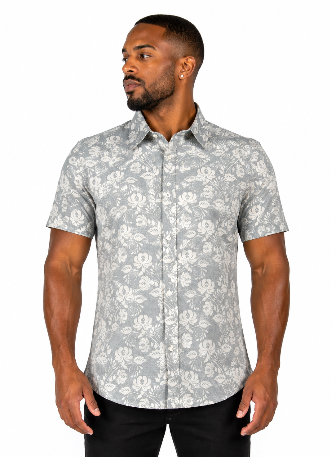 Camisa Social Masculina Slim Manga Curta Floral Off-White