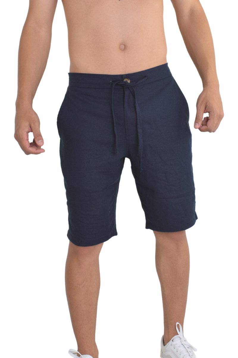 Bermuda Masculina de Linho com Cordão Azul Marinho
