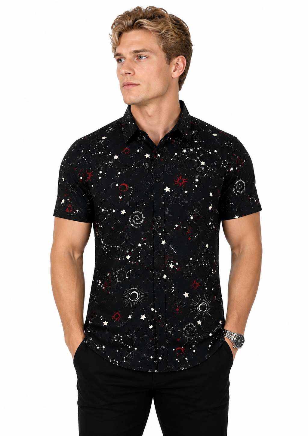 Camisa Social Masculina Slim Manga Curta Cosmos