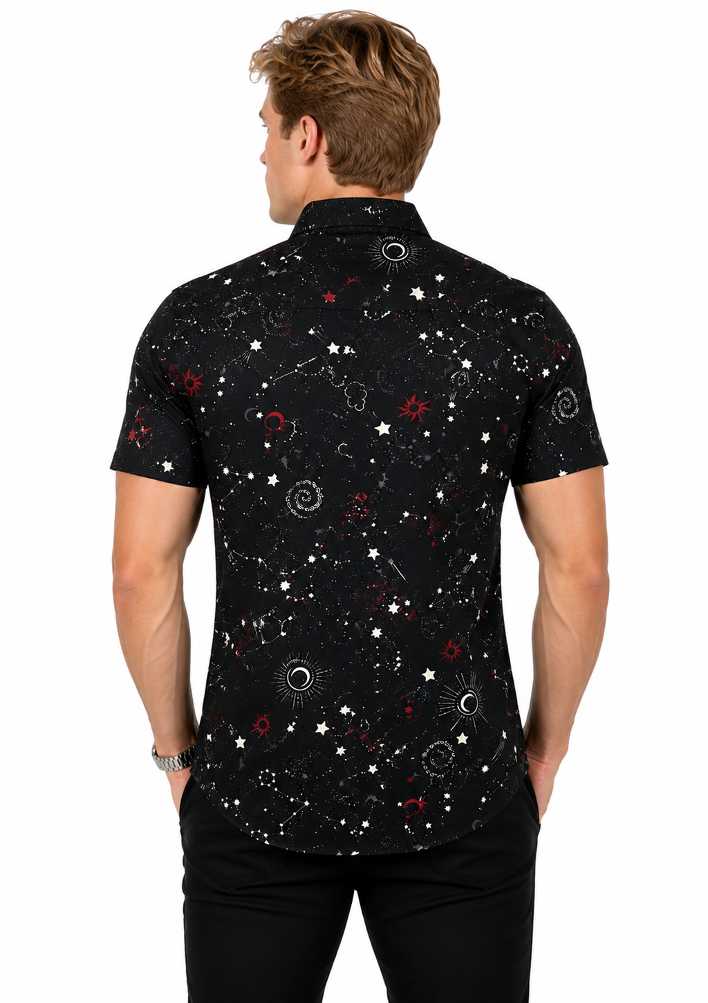 Camisa Social Masculina Slim Manga Curta Cosmos