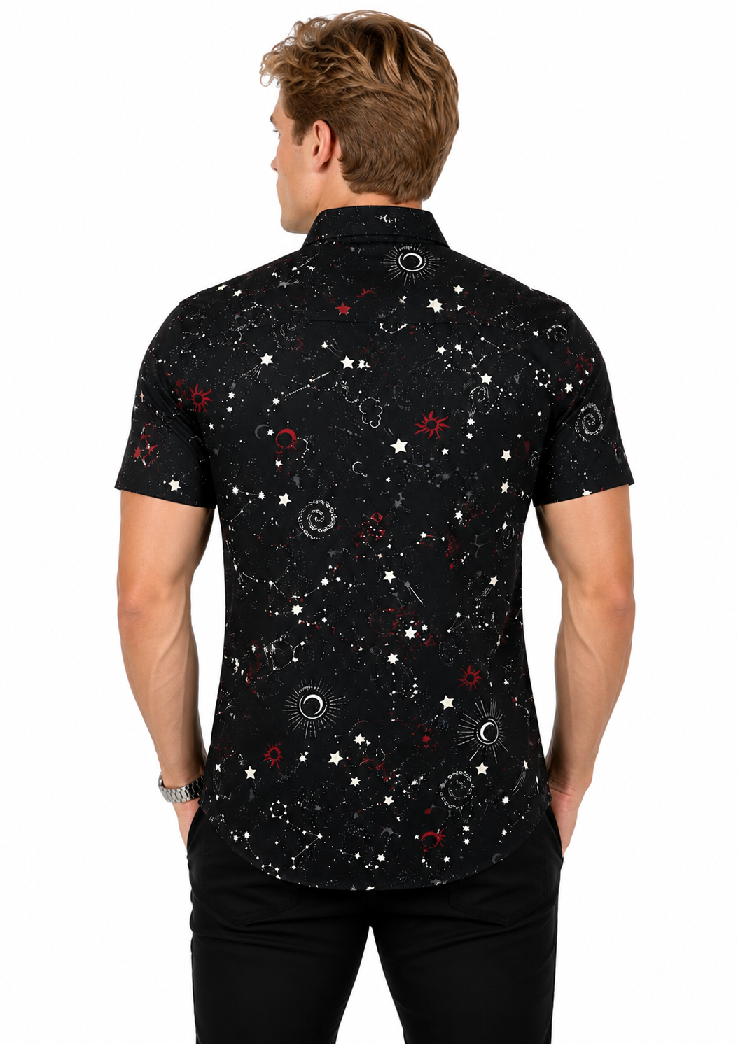 Camisa Social Masculina Slim Manga Curta Cosmos